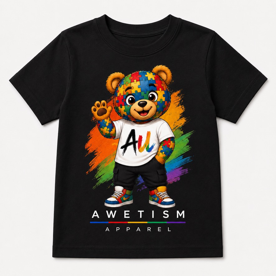 Awetism Apparel “Youth Puzzle Bear” Black Graphic Tee image 1